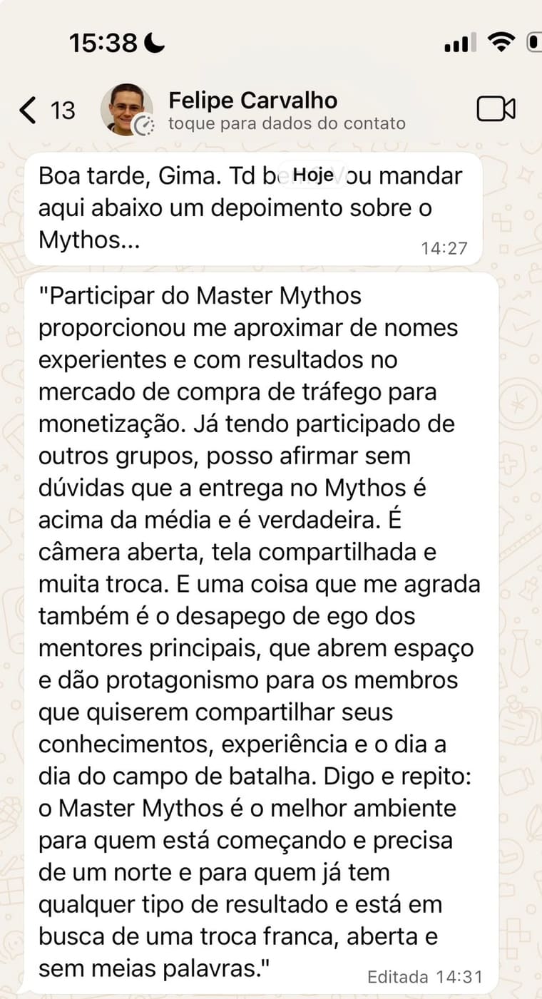 Depoimento de Felipe Carvalho: a entrega no Mythos é acima da média e verdadeira, câmera aberta, tela compartilhada e muita troca